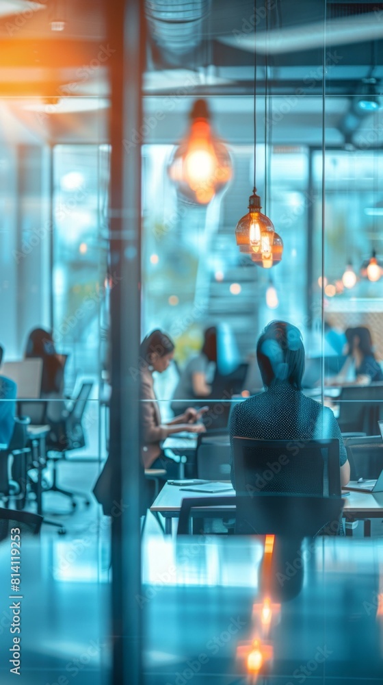 A group of people sitting at desks in a room with lights. Generative AI. A group of people sitting at desks in a room with lights. Generative AI.