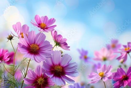 Vibrant Cosmos Flowers Dancing in the Wind  Perfect for Text on a Windy Day Blurred Background