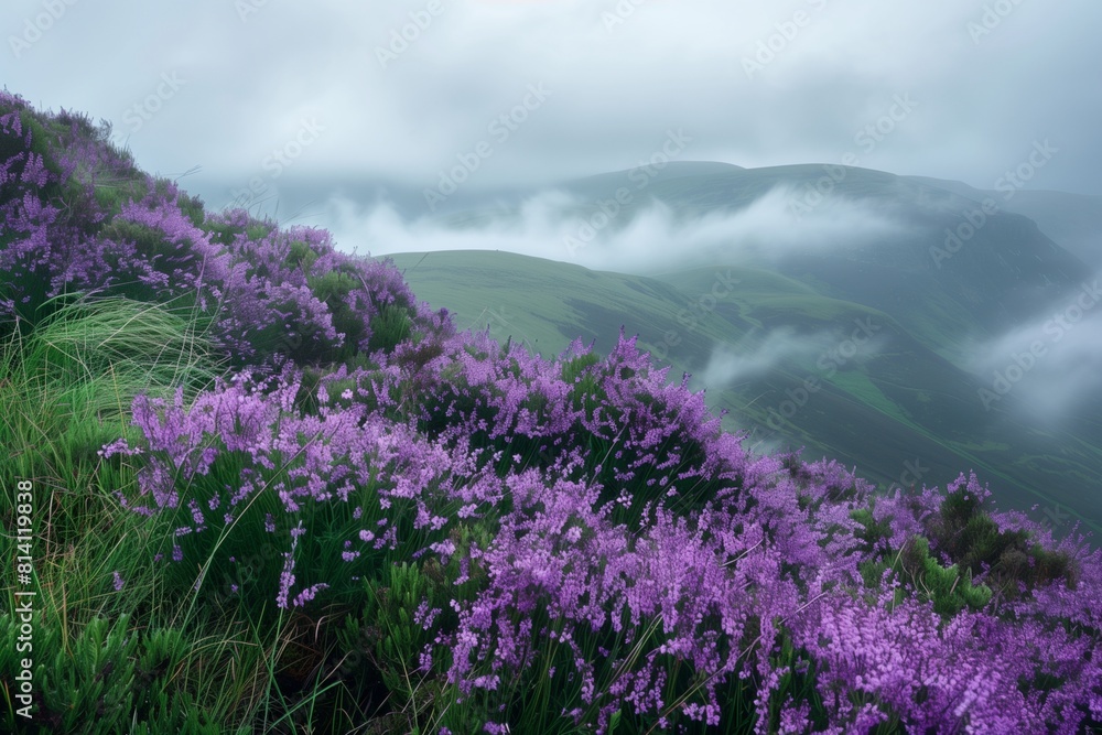 Obraz premium Wild Heather in Highland Mist, Ideal Text Space on a Foggy Mountain Background