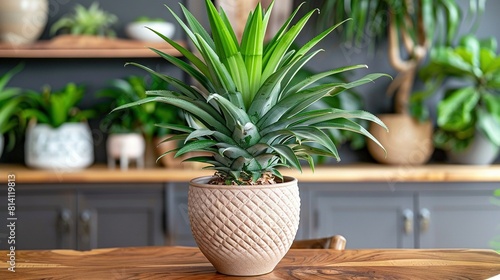   A potted plant rests atop a wooden table, surrounded by shelves brimming with potted plants © Anna