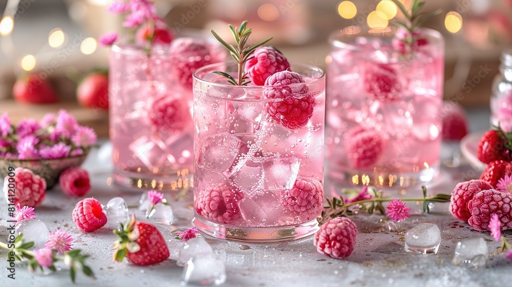 Glass filled with ice and raspberries next to bowl of raspberries and ice cubes Glass filled with ice and raspberries next to bowl of raspberries and ice cubes