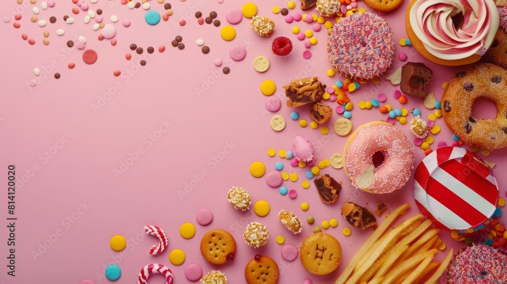 Variety junk food products on the top view background Variety junk food products on the top view background