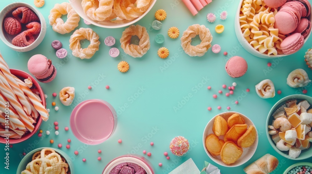 Variety junk food products on the top view background Variety junk food products on the top view background