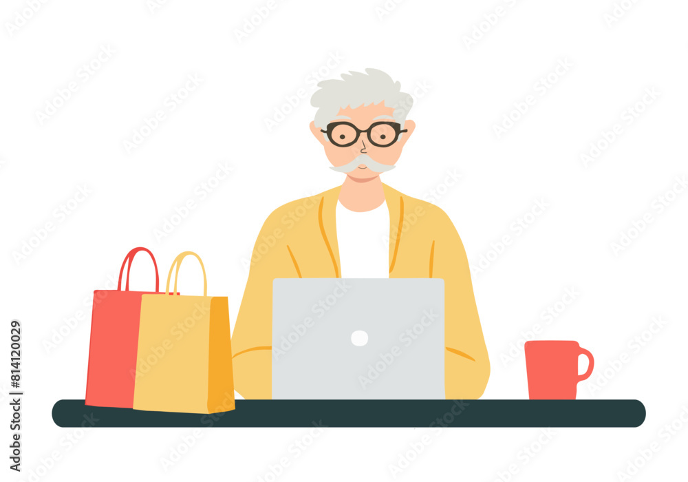 A pensioner uses modern technologies and gadgets. Grandfather buys clothes and accessories online on the Internet, orders through a laptop. Flat vector cartoon characters. A pensioner uses modern technologies and gadgets. Grandfather buys clothes and accessories online on the Internet, orders through a laptop. Flat vector cartoon characters.