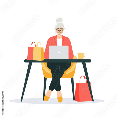 Senior woman sits on a chair with an open laptop, browsing and shopping online. Cartoon people vector illustration.