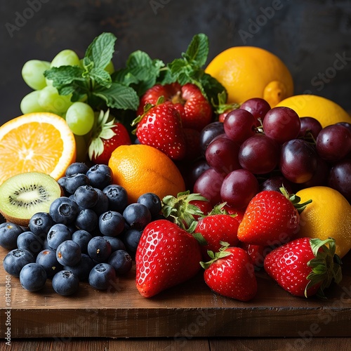 selection of various fruits like apples  bananas  oranges  and grapes are artfully arranged on a rustic wooden table  creating an enticing display of colors and textures