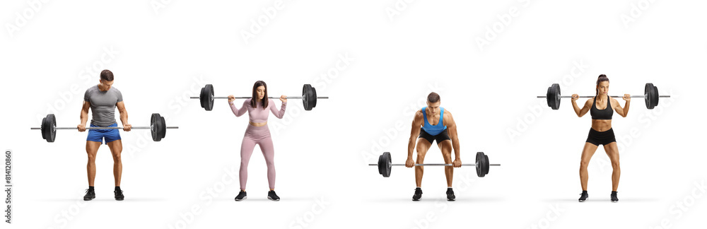 Sporty men and women standing and lifting heavy weights Sporty men and women standing and lifting heavy weights