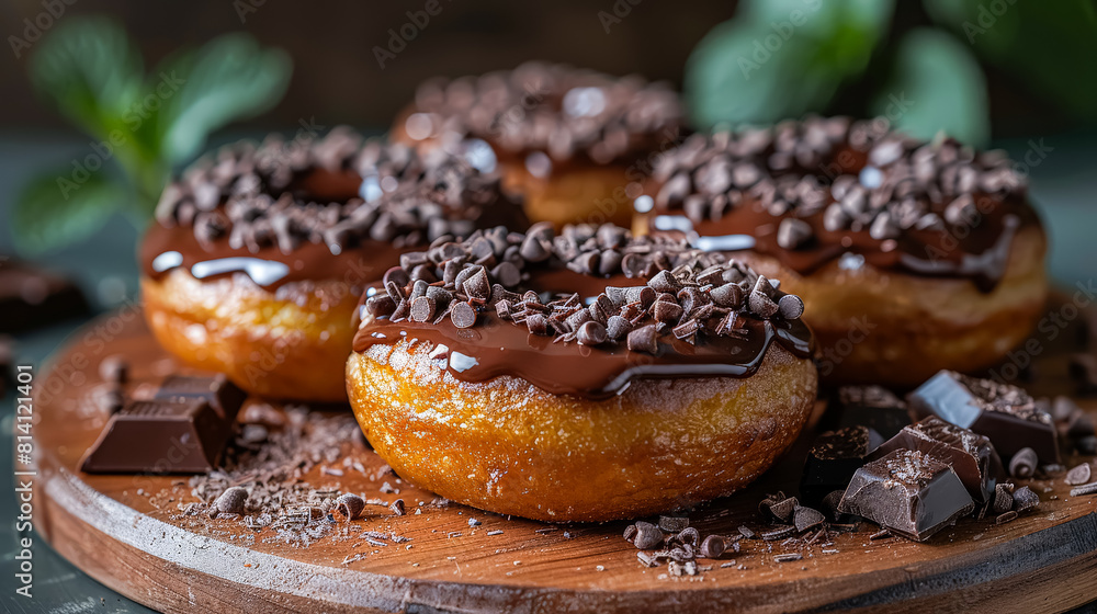A row of donuts with chocolate sprinkles on top. The donuts are arranged on a metal rack