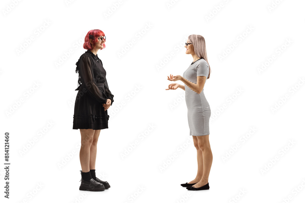 Full length profile shot of two young women discussing Full length profile shot of two young women discussing
