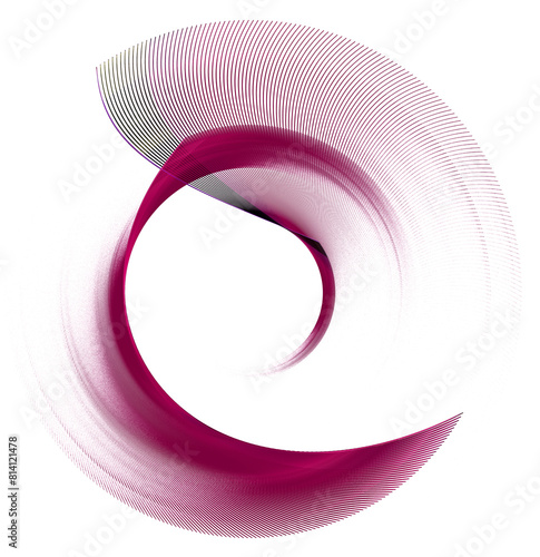 Arcing, wavy striped flat transparent elements, a deep purple-red color, intersect and create a rounded frame on a white background. Icon, logo, symbol, sign. 3D rendering. 3D illustration.