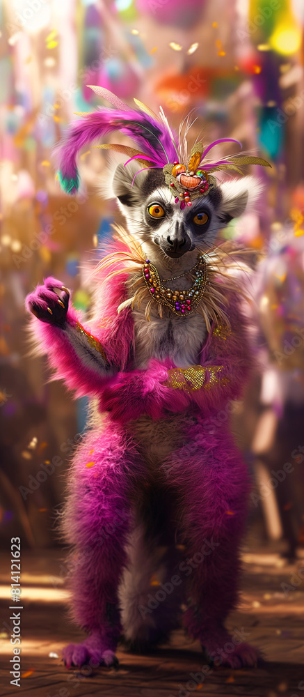 Colorful, festive lemur with vibrant feathers and beads in a lively setting