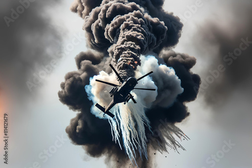 A smoking, damaged helicopter falling from the sky, viewed from below photo