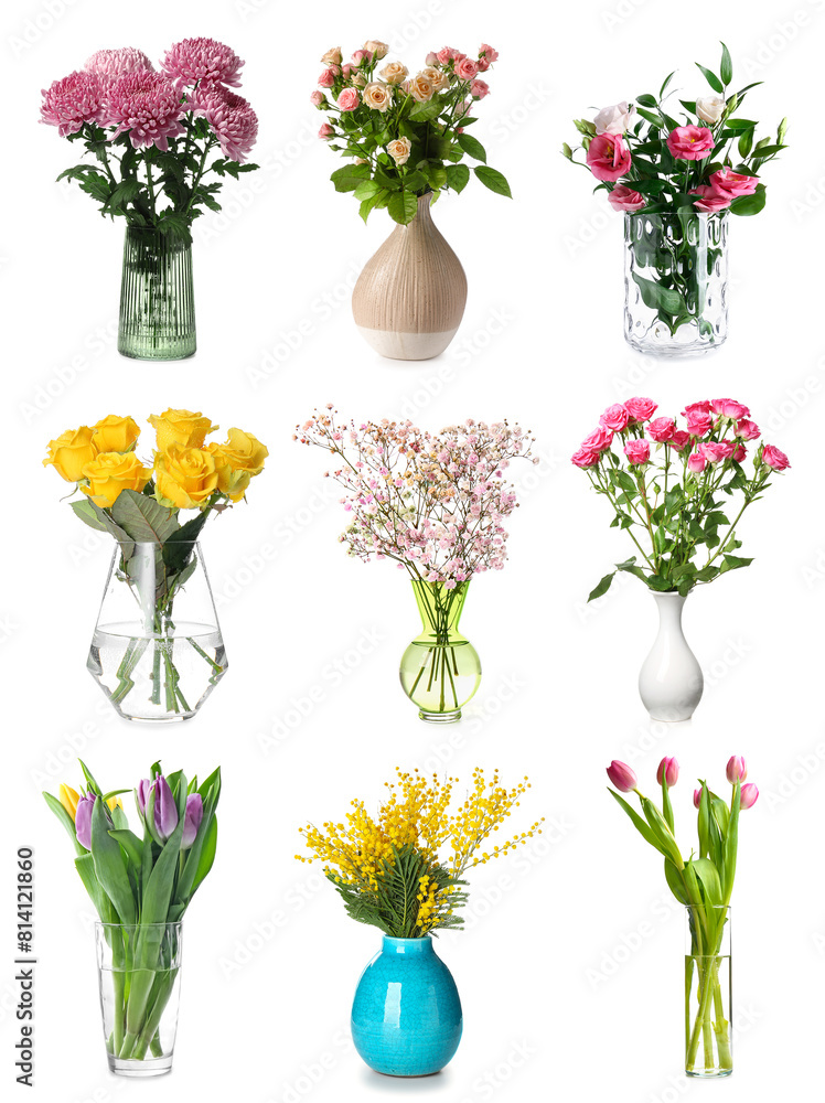 Set of many vases with bouquets of different flowers on white background Set of many vases with bouquets of different flowers on white background