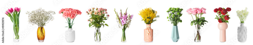 Obraz premium Set of vases with bouquets of different flowers on white background