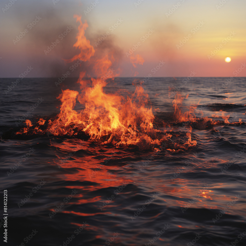 Flames engulf the ocean surface at sunset, creating a striking contrast.