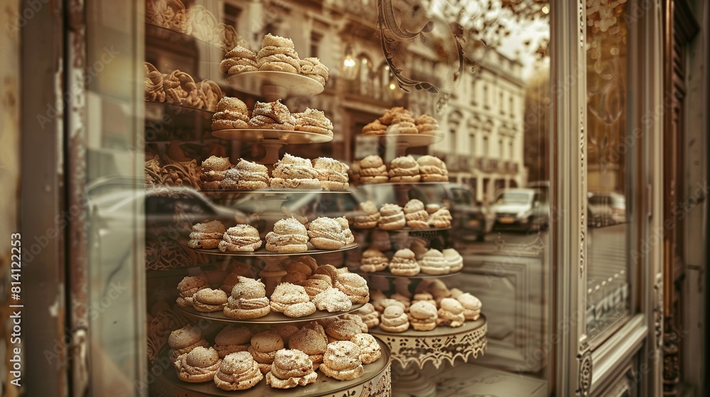 Display case of various doughnuts, parked car in front of the building Display case of various doughnuts, parked car in front of the building