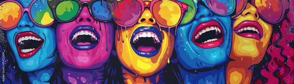 Four colorful women with sunglasses and open mouths, painted in a graffiti style. Four colorful women with sunglasses and open mouths, painted in a graffiti style.