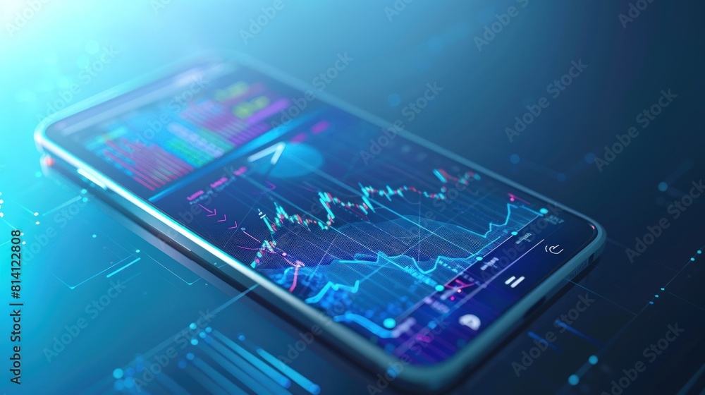 3D rendering of a state-of-the-art mobile device showcasing dynamic stock market graphs and business icons on its screen. 3D rendering of a state-of-the-art mobile device showcasing dynamic stock market graphs and business icons on its screen.