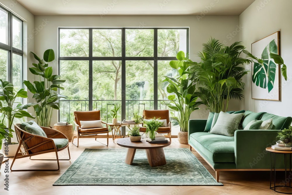 Room flooded with sunlight and adorned with vibrant greenery for eco-friendly living. Room flooded with sunlight and adorned with vibrant greenery for eco-friendly living.