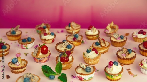   A frosted table piled high with cupcakes topped with strawberries and blueberries © Anna