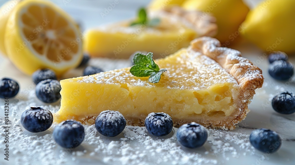   A pie slice with blueberries and lemons on a plate