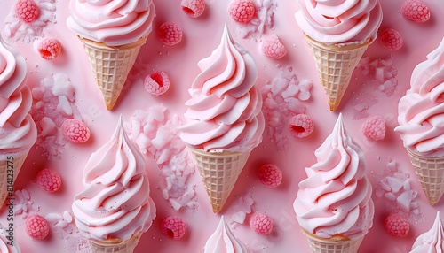 3D Pink ice cream in waffle cones on pink background, top view. seamless pattern photo