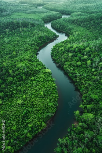 river in the forest aerial view Generative AI