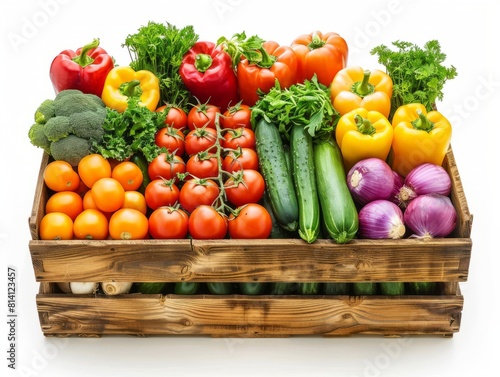 A box with fresh and colorful vibrant vegetables isolated on white background