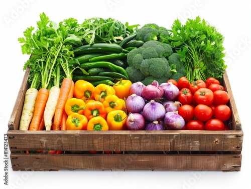 A box with fresh and colorful vibrant vegetables isolated on white background