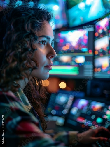 A woman sitting at a computer in front of many monitors. Generative AI.