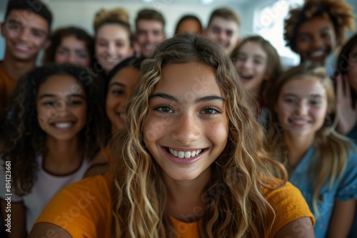 A group of people taking a selfie together in front of the camera. Generative AI.