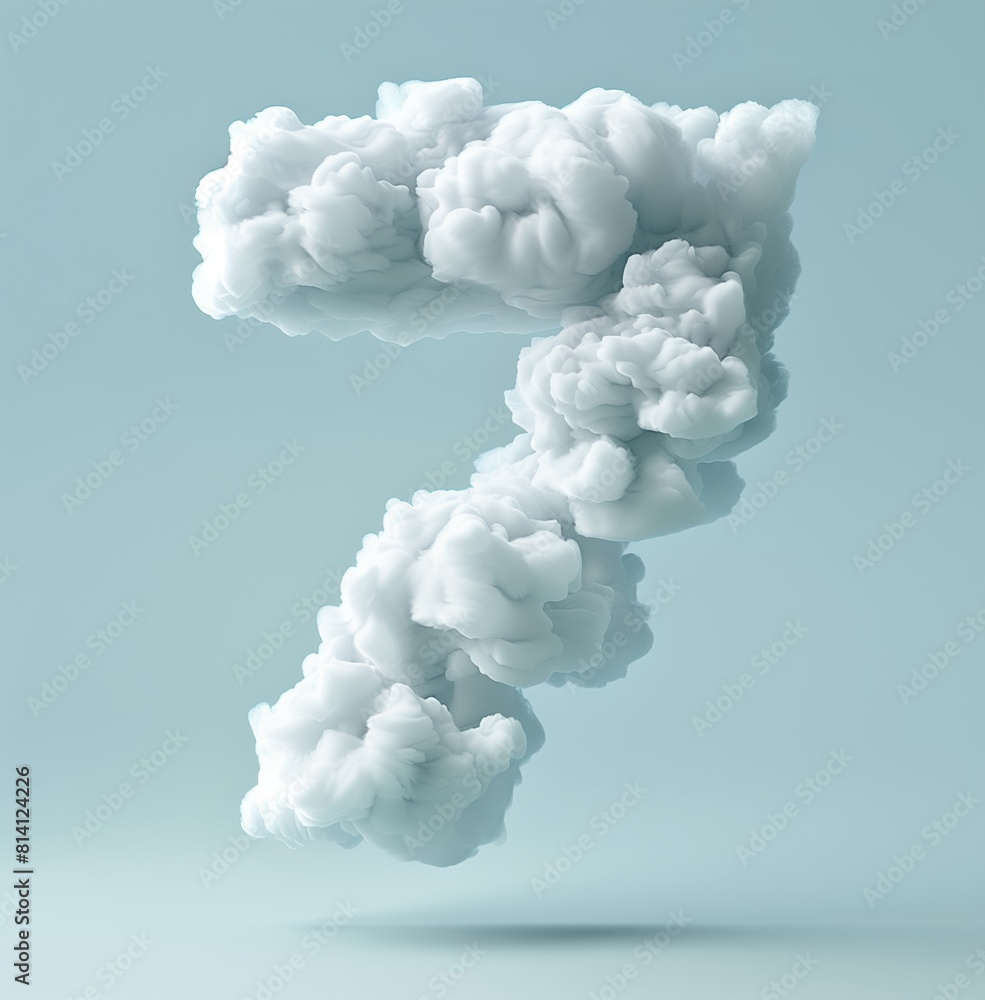 The number 7 is made of white clouds, floating in the air on a light blue background. The number 7 is made of white clouds, floating in the air on a light blue background.