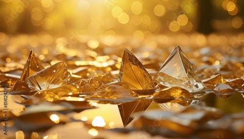 Glittering shards of shattered glass suspended in a shimmering pool of liquid gold. AI generated