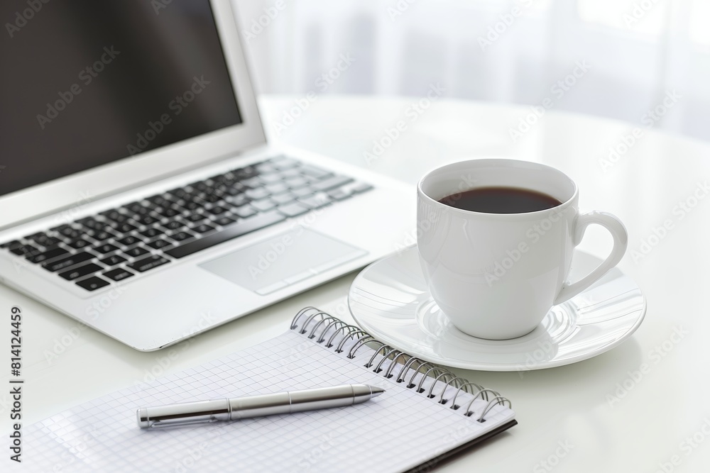 Modern Workspace Design with Laptop, Coffee Cup, Notepad, and Pen for Enhanced Productivity Modern Workspace Design with Laptop, Coffee Cup, Notepad, and Pen for Enhanced Productivity