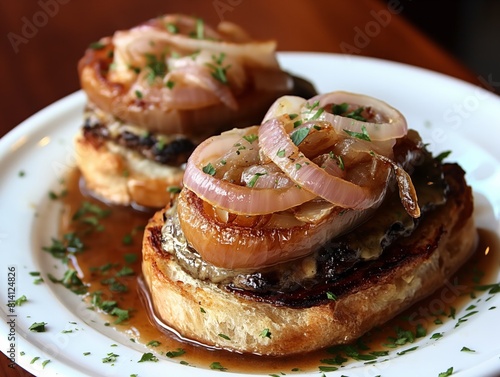 Two sandwiches with onions and meat on top of a white plate. The plate is on a wooden table