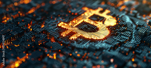 A Bitcoin logo made of glowing microchips on an electronic circuit board photo