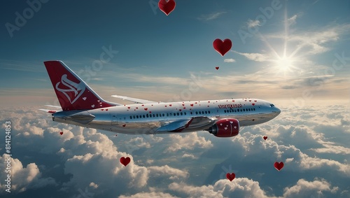 Airplane flying through the sky with hearts floating around it in the air above the clouds and below