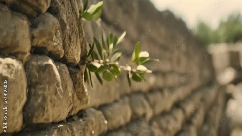 Olive Branch Growing on Old Stone Wall with Medieval Tower Olive Branch Growing on Old Stone Wall with Medieval Tower