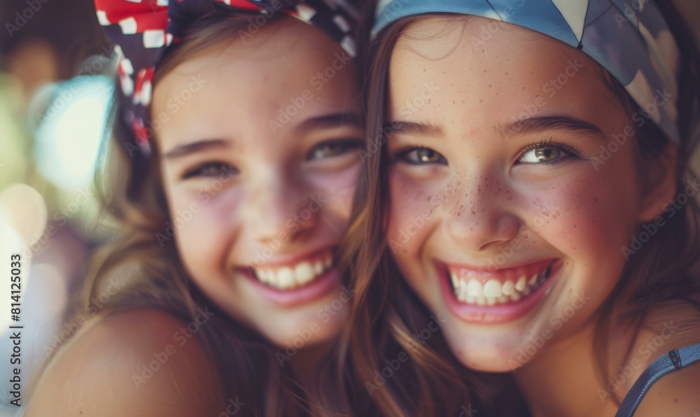 Fototapeta premium Two young girls with headbands smiling at the camera. Generative AI.