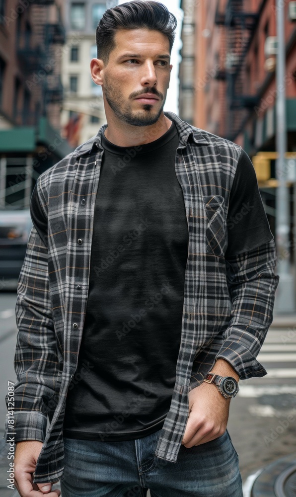A man in a plaid shirt standing on the street. Generative AI. A man in a plaid shirt standing on the street. Generative AI.