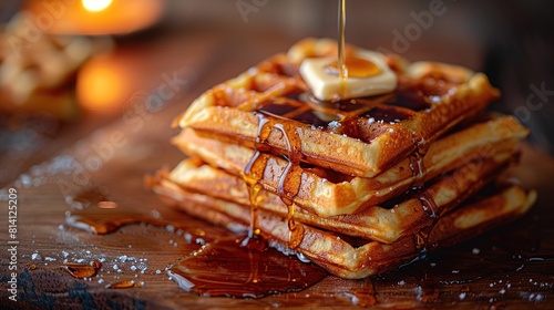 Stack of waffles with syrup and butter on a wooden board, delicious baked goods photo