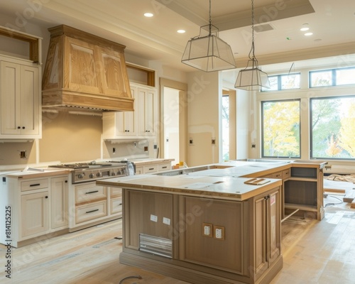 A kitchen with a center island and cabinets under construction. Generative AI.