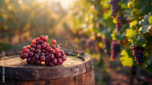 A bunch of ripe grapes lies on a wooden barrel against the background