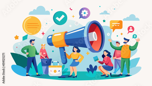 Concept of advertisement, marketing, promotion, call through the horn, online alerting Communication announcement by flat megaphone, flat illustration