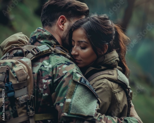 A man and woman in military uniforms hugging each other. Generative AI.
