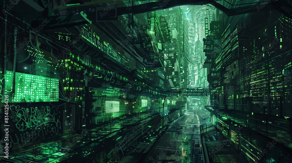 Fototapeta premium A dark and mysterious city street with a green neon glow