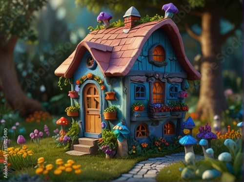 A cartoonish house with gnomes  vibrant and whimsical.