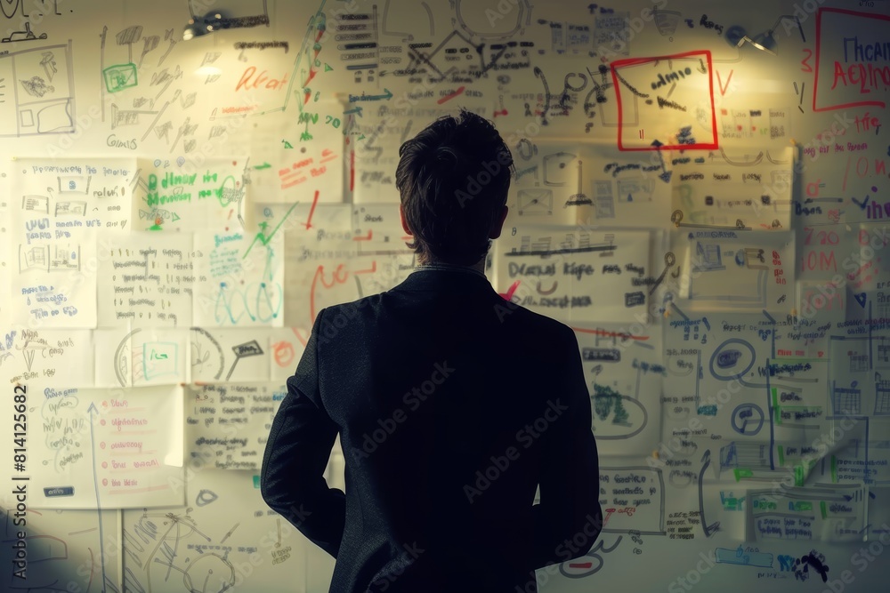 Entrepreneur Brainstorming Ideas on Whiteboard Highlighting Creativity and Strategy Entrepreneur Brainstorming Ideas on Whiteboard Highlighting Creativity and Strategy