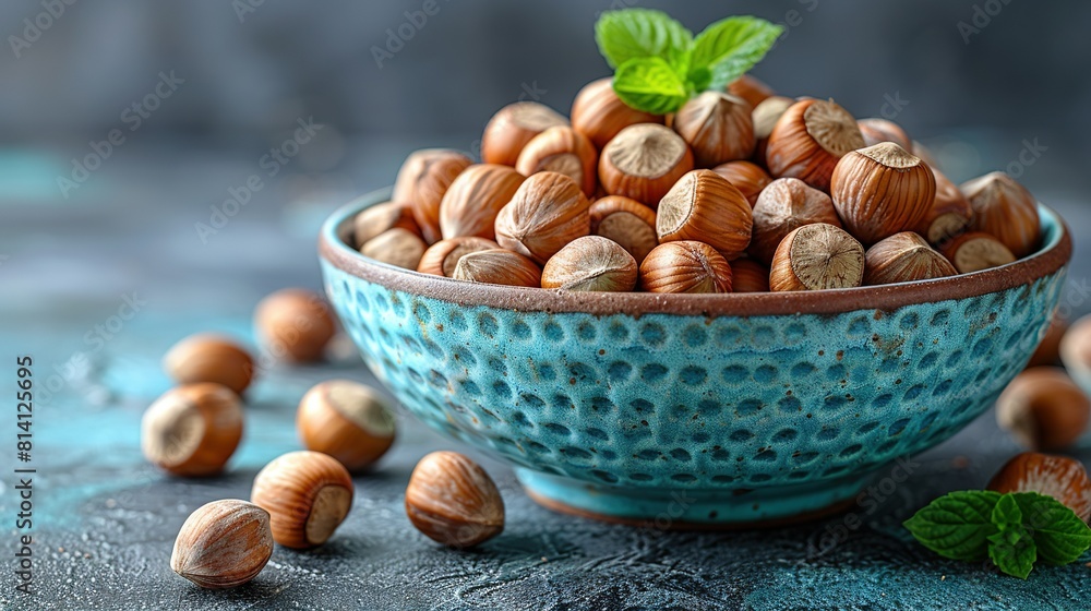 Blue bowl with nuts on blue table, surrounded by green leaves Blue bowl with nuts on blue table, surrounded by green leaves