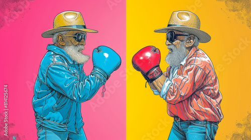 Cartoon illustration of an old couple boxing, bright color palette, Vacation dadcore, huge scale photo
